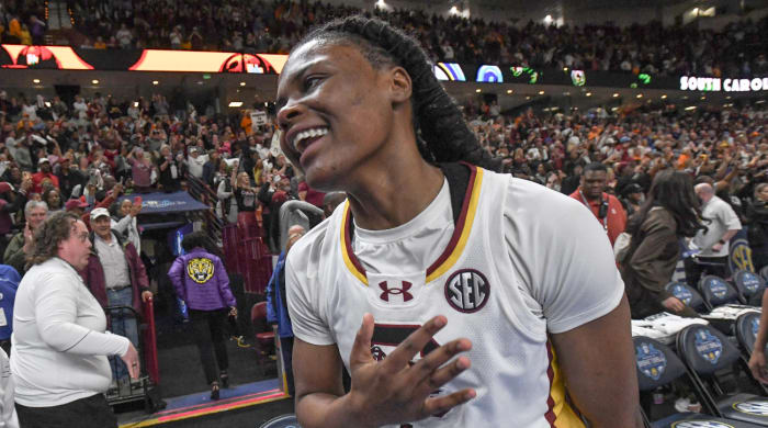 Mar 9, 2024; Greenville, SC, USA; South Carolina Gamecocks guard MiLaysia Fulwiley (12) celebrates with teammates after center Kamilla Cardoso (not pictured) made a game winning shot to beat the Tennessee Lady Vols at the Bon Secours Wellness Arena.